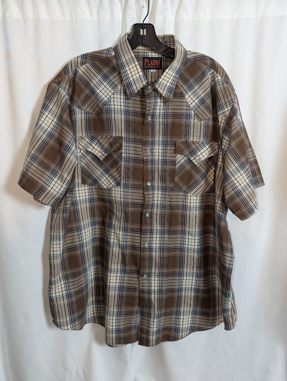 Vintage 90s Plains Western Wear Men's Plaid Short Sleeve Pearl Snap Shirt XL